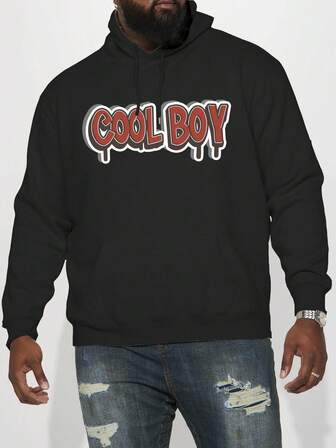1 st unisex plus size hoodie, svart tjock fleecefodrad tröja med coolt pojktryck, lämplig för vardags- och utomhusbruk under höst/vinter