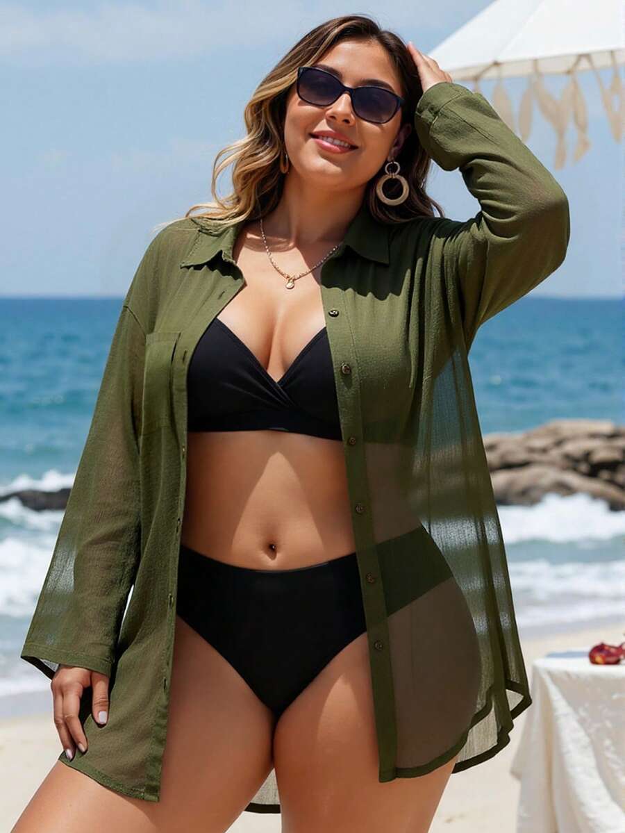 Swim Lushoire 大码女式纯色纽扣长袖沙滩罩衫 - 軍綠色 - 查看 1