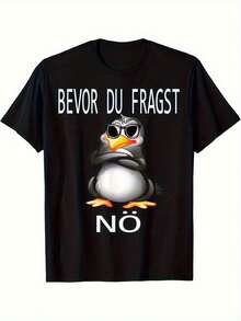 Funny German Text Penguin Graphic T-Shirt - BEVOR DU FRAGST NO Funny Saying With Cute Animated Penguin In Fashion Glasses & German Text - Unisex Regular Fit Crew Neck Tee For Men & Women - Machine Washable Black Shirt - All-Season Casual Wear, Humorous Conversation Starter Apparel, Durable Opaque Fabric - Funny German Phrase "Don't Ask Before You Ask" With Playful Penguin Design - Casual Everyday Outfit - Black - View 1