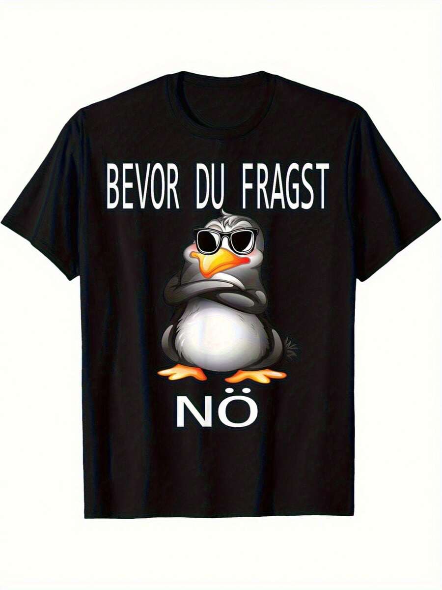 Funny German Text Penguin Graphic T-Shirt - BEVOR DU FRAGST NO Funny Saying With Cute Animated Penguin In Fashion Glasses & German Text - Unisex Regular Fit Crew Neck Tee For Men & Women - Machine Washable Black Shirt - All-Season Casual Wear, Humorous Conversation Starter Apparel, Durable Opaque Fabric - Funny German Phrase "Don't Ask Before You Ask" With Playful Penguin Design - Casual Everyday Outfit - Black - View 1