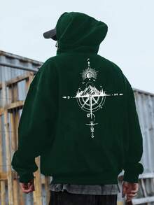 Sudadera Casual de Otoño Invierno para Hombre - Impresión de Brújula del Universo Geométrico Verde Oscuro, Sudadera Holgada, Diseño de Cordón, Cuidado de Lavado a Mano, Moda de , Costura de Alta Calidad, Estilo Urbano, Esencial de Otoño - Negro - Ver 5