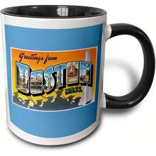 3dRose Mug_170229_4 Greetings From Boston Mass Scenic Postcard Reproduction Two Tone Mug, Black, 11 Oz