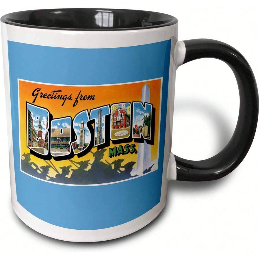 3dRose Mug_170229_4 Greetings From Boston Mass Scenic Postcard Reproduction Two Tone Mug, Black, 11 Oz