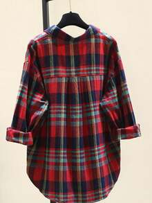 休闲秋季格子不对称下摆衬衫、长袖上衣 - 紅色 - 查看 2