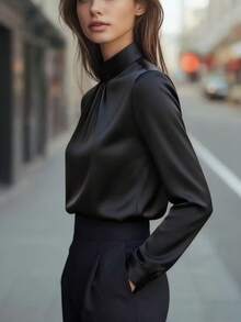 Women's Elegant Black Satin Blouse, Stand Collar Pleated Long Sleeve Top, Workplace Commute Graceful Slimming Satin Texture, Suitable For Office Or Formal Casual Occasions, Solid Color Button, Perfect For Spring, Summer, Autumn And Winter - Black - View 4