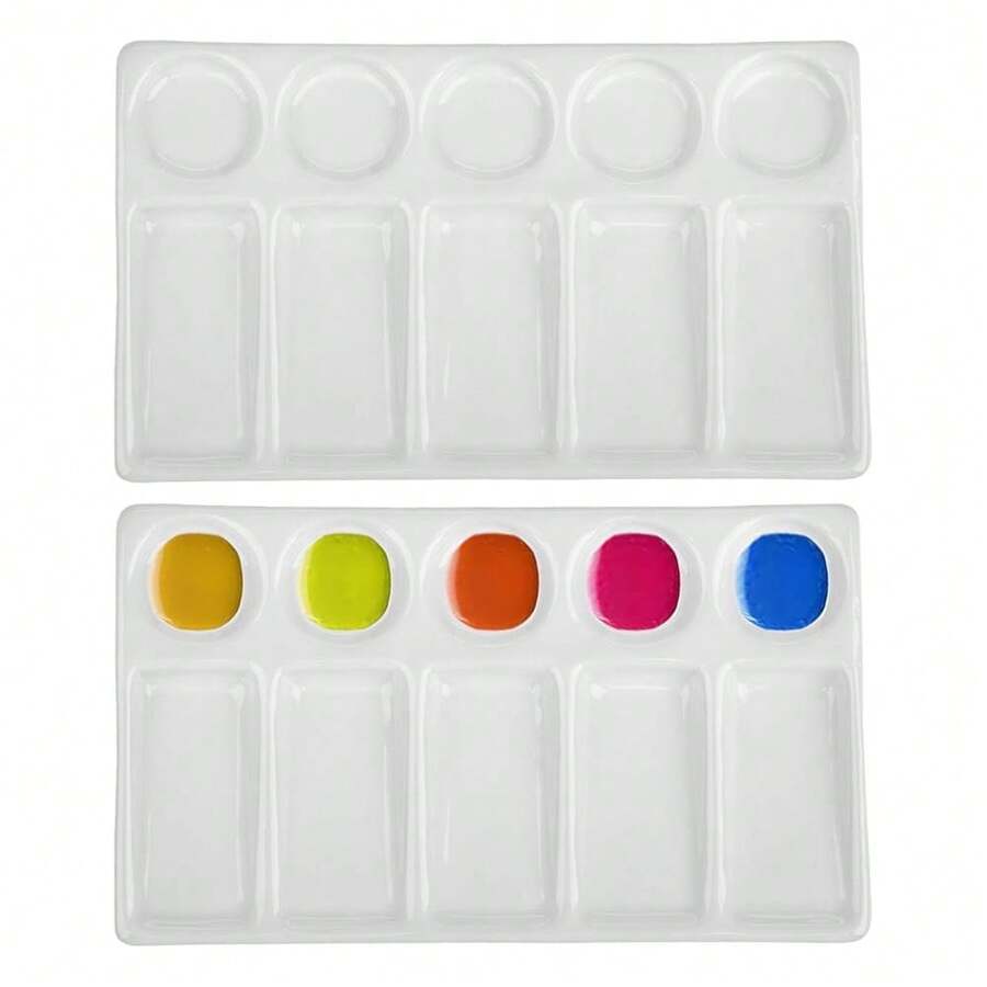 2 Pack 10-Well Ceramic Watercolor Painting Palette, 7-1/2 X 4-1/4 Inch Rectangle Porcelain Artist Paint Palette Mixing Tray For Watercolor, Gouache, Acrylic,White - 白色的 - 查看 1