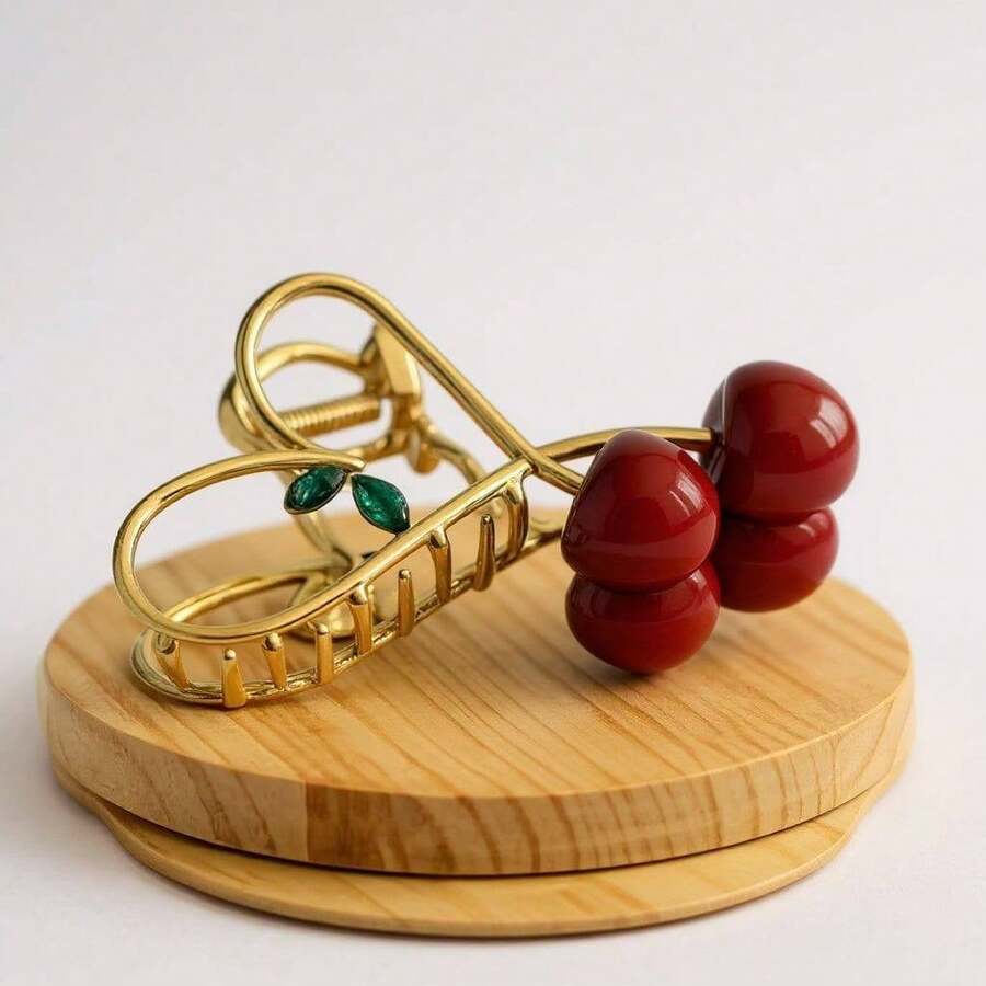 Luxury Cherry Hair Clip | Elegant Metal Claw Hair Clip With Realistic Fruit | Chic Women's Accessory - 金色 - 查看 1