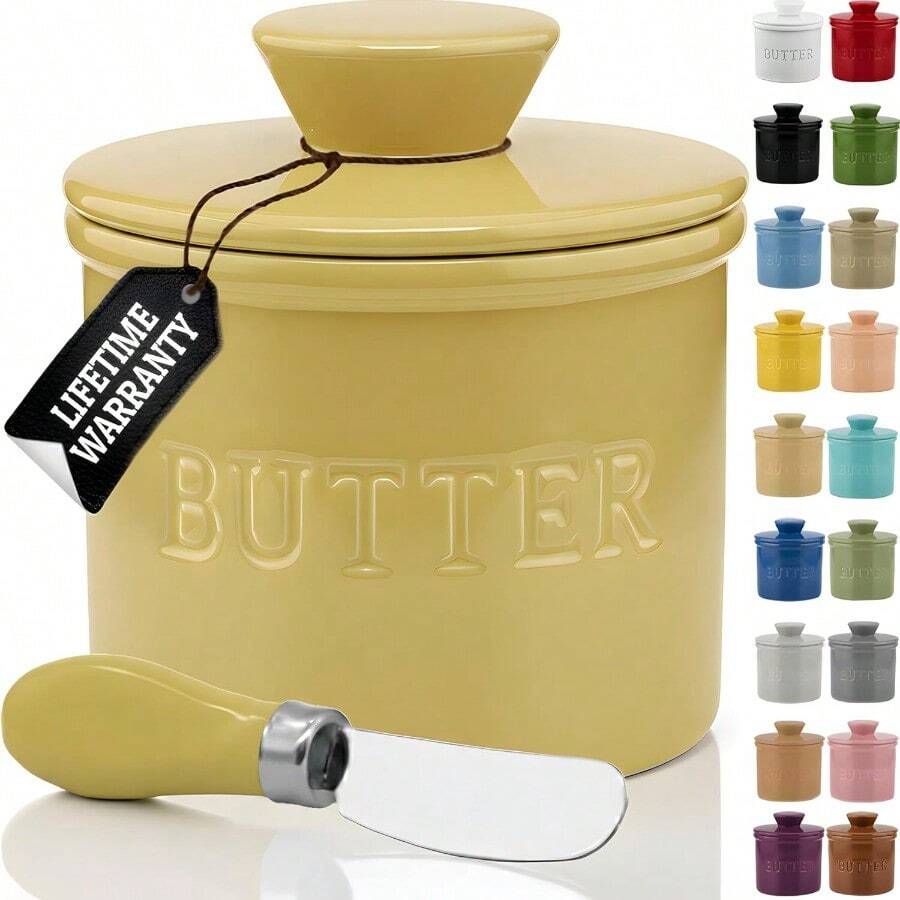 Priority Chef French Butter Crock For Counter With Water Line On Demand Spreadable Butter Ceramic Butter Keeper To Leave On Counter French Butter Dish Yellow [Khaki] Regular GMPCCrockKHK1 - 卡其黃 - 查看 1