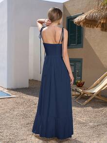 PARTHEA Backless Smocking Bodycon Ruched Cami Long Dress Summer Elegant - Navy Blue - View 2
