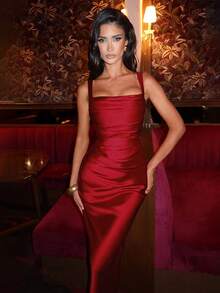 Elegant Satin Waist Tie Bodycon Slip Dress, Long Gown For Halloween Party, Cocktail Party, Christmas Party - Red - View 7