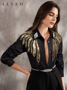 Aliao 优雅闪亮装饰宽松法式长袖衬衫，端庄得体，适合女性春季、节日、假期、音乐会等场合穿着。 - 黑金 - 查看 5
