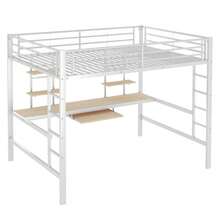 Hochbett, 140 x 200 cm, Metallbettgestell, Eisenbett, Hochbett mit Schreibtisch und zwei Ablagen für Kinder, Jugendliche und Erwachsene, Weiß