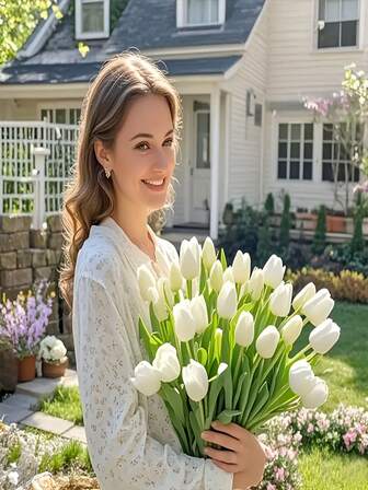 Ramo de tulipanes artificiales realistas - Tulipanes artificiales con tallos ajustables, hechos de material PU vibrante, perfectos para la decoración del hogar y de bodas. Sin mantenimiento, adecuados para centros de mesa interiores/exteriores, ideales para el Día de San Valentín, Pascua, Acción de Gracias, Día de San Patricio, arreglos florales y decoraciones navideñas. Pétalos realistas con textura realista, una opción ideal para arreglos florales y regalos.