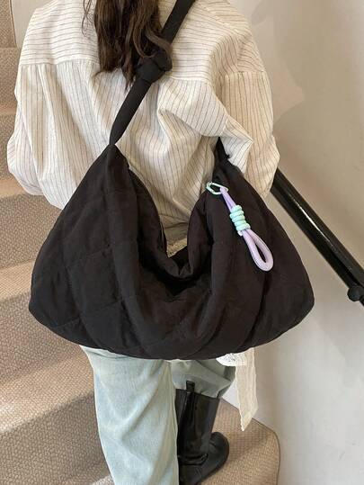 1pc Black Nylon Casual Minimalist Diamond Grid Pattern Comfortable Rope Strap Smooth Zipper Large Capacity One Shoulder Tote Bag, Suitable For Women's Work, Life, Daily Matching, Commuting, Social Gatherings, Business Occasions, Outdoor Shopping, Fits Phone, Wallet, Lipstick, Keys, Tissue, Storage Pouch, Fashion Item