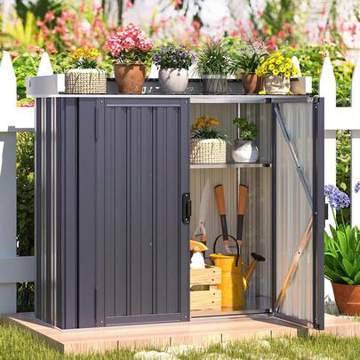 YODOLLA Metal Garden Storage Box Cabinet, Waterproof Small Shed With Double Doors & Shelves
