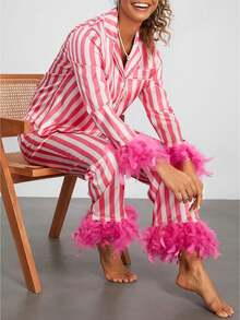 Women's 2 Piece Satin Pajama Set Long Sleeve Lapel Neck Striped Tops Elastic Waist Patchwork Feather Pants Sleepwear Outfit - Hồng - Xem 1