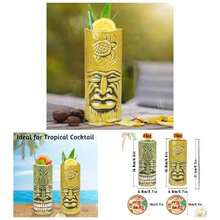 Tiki - Juego de 2 vasos para ccteles, tazas Tiki de cermica Tiki con posavasos para decoracin de bar, juego de tazas creativas Tiki grandes vasos hawaianos Tiki Bar Tropical Drinkware Barware para - Verde y amarillo - Ver 1