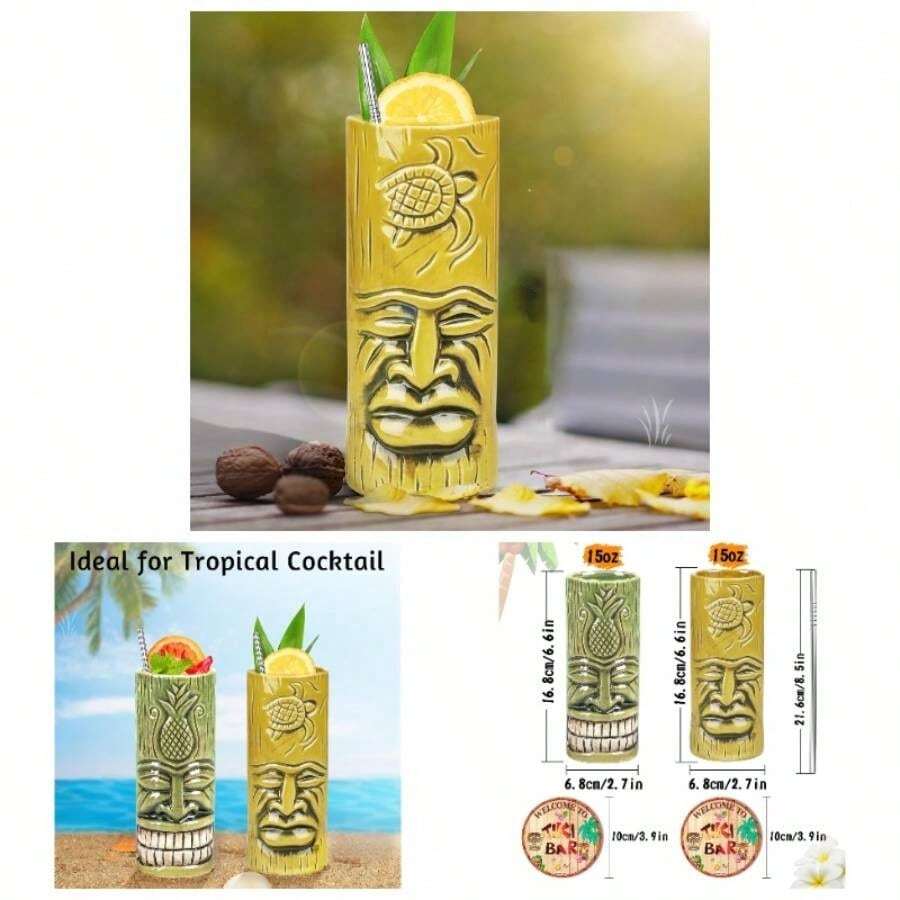 Tiki - Juego de 2 vasos para ccteles, tazas Tiki de cermica Tiki con posavasos para decoracin de bar, juego de tazas creativas Tiki grandes vasos hawaianos Tiki Bar Tropical Drinkware Barware para - Verde y amarillo - Ver 1