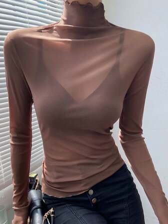 Blusa transparente de malla con cuello alto y manga larga ajustada para mujer