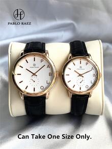 Pablo Raez 1件装男女款玫瑰金手表，休闲情侣腕表，不锈钢配件，复古时钟，不褪色，原装迷人表壳，奢华黑色柔软舒适超细纤维皮革，时尚大表盘情侣石英钟，复古风格 - 白色 - 查看 3
