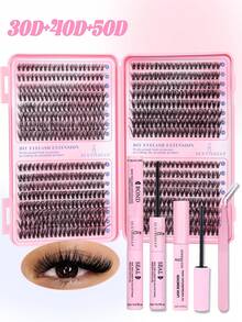 1768片、640片、608片、280片、240片D型卷翘睫毛嫁接套装，DIY睫毛嫁接套装，280片轻盈自然卷翘睫毛，纤细轻盈，卷翘度几乎与真睫毛相同，9-20毫米，30D、40D、50D、60D、80D、100D单根睫毛嫁接套装，包含睫毛胶水、封层剂、镊子、卸妆液、睫毛刷、头带，个人使用（9-20毫米，套装） - 粉色 - 查看 5