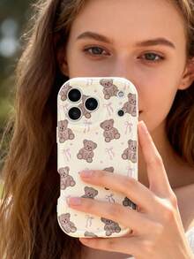 1pc Cute Girl Style Bow Teddy Bear Full Screen Pattern Cream Soft Phone Case, Compatible With IPhone 11/12/13/14/15/16/17 Pro Max - Multicolor - View 3