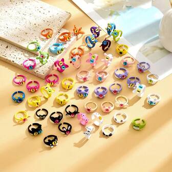 20枚随机颜色和款式可爱怪兽、黑猫戒指、多巴胺饰品、大眼睛可调节情侣戒指