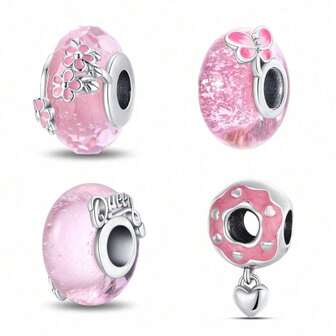 1 Piece Of Silver-Plated Glass Bead Series-Small Cherry Blossom Glass Beads, Pink Butterfly Glass Beads, Charming Queen Glass Beads, Afternoon Tea Donut Beads, Suitable For DIY Jewelry Making Bracelets And Necklaces, Can Be Used As A Couple's Jewelry Gift.