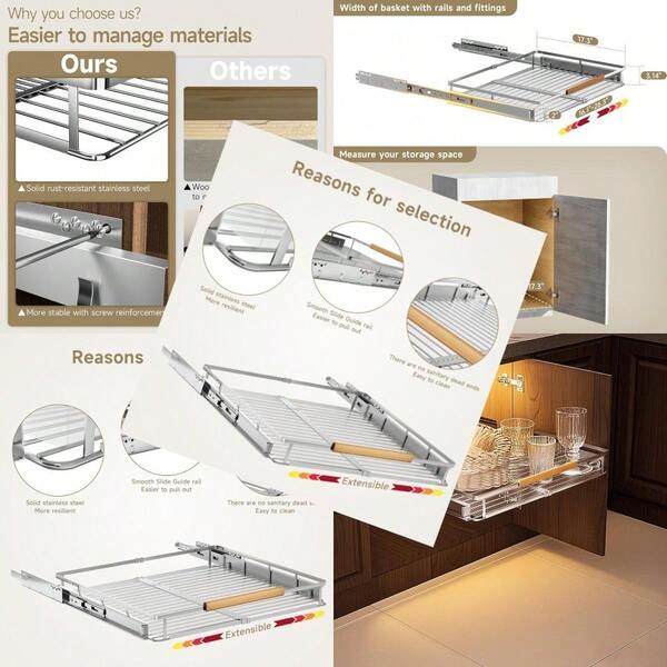 Pots And Pans Organize Under Cabinet 1 PackExpandable Pll Out Cabinet Organizer Adjustable Width 16.3~26.3"Wx17.3"D Pull Out Cabinet Organizer Glide Smoothly Roll Basket