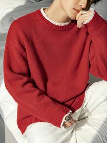 Unisex Casual Crew Neck Patchwork Distressed Hem Long Sleeve Knit Sweater, Loose Fit, Suitable For Autumn And Winter