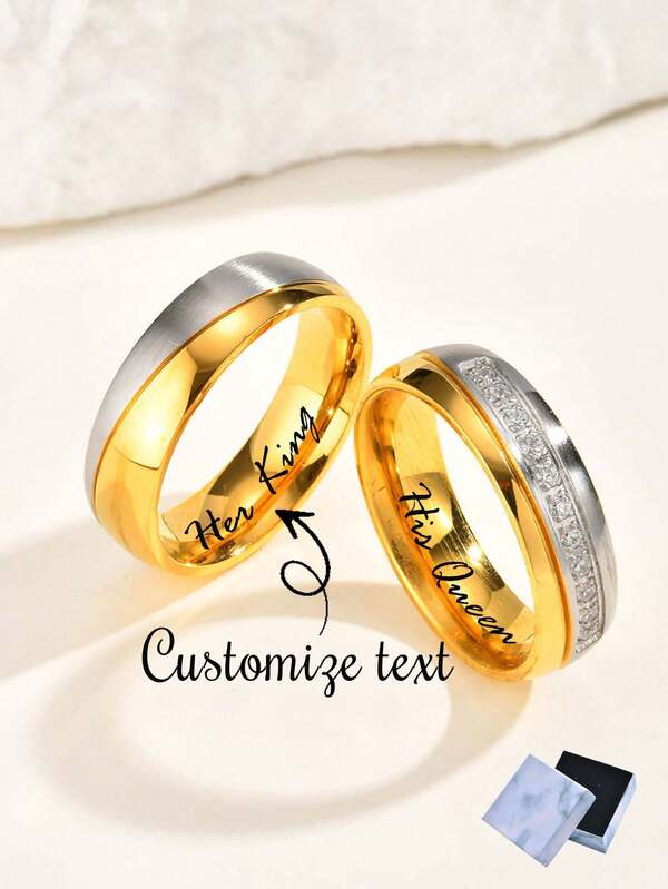 2 Stücke elegante Edelstahl Kubikzirkonia Paar Ringe, Goldfarben, Eheringe, Schmuckgeschenk, personalisiert mit Laser graviertem Namentext, Geschenkbox
