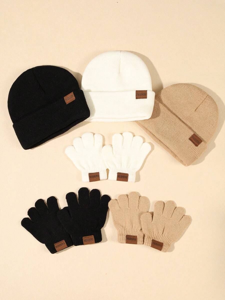 3pcs/Set Infant & Toddler Unisex Autumn/Winter Car Logo Knitted Hat And Gloves Set (3 Hats + 3 Pairs Of Gloves), Warm And Cozy - Multicolor - View 1
