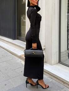 Elegant Long Sleeve High Neck Dress With Metallic Buttons And Chest Ruching, Suitable For Parties, New Year - Black - View 3