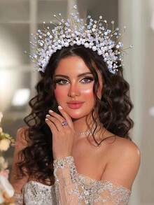 1 Stück luxuriöser romantischer Perlen- & Kristall-Dekor Braut-Krone, handgefertigter modischer Haarschmuck für Hochzeit, Party & Veranstaltungen