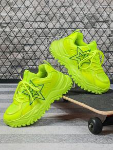 Fluorescent Green, Cool, Stylish, Breathable, Thick-Soled Casual Chunky Sneakers For Men, Athletic Shoes; Detachable DIY Star Ornaments For Christmas And Holidays; Size For Couples; Simple, Versatile, Vacation-Style Wedge Sneakers; Suitable For All Students And School Shoes. - 螢光綠星墨綠 - 查看 3