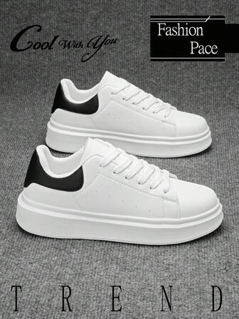 Men's Personalized Black & White Patchwork Lace-Up Comfortable Couple Casual Sneakers, Fashion Outdoor Street Skateboard Shoes