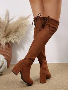 秋冬女士麂皮过膝长靴，修身高筒靴，粗跟骑马靴，休闲时尚弹力过膝长靴 - 駝色 - 查看 3