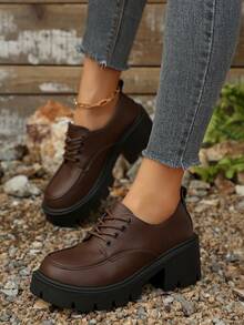 Giày Oxford buộc dây màu nâu cổ điển Foot Flair dành cho nữ, giày lười đế cao gót mũi tròn kiểu Anh cổ điển, giày Mary Jane thời trang cho mùa xuân/thu. - màu nâu - Xem 3