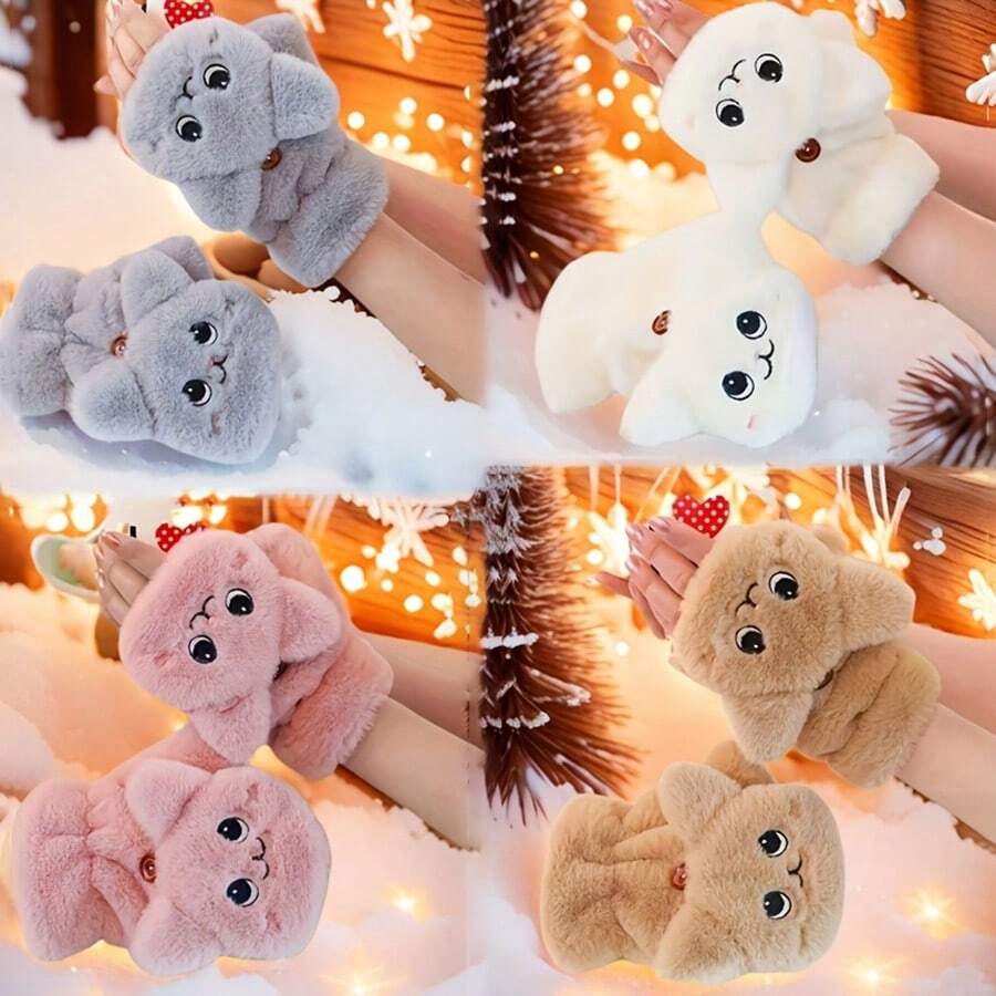 Calentadores de manos de invierno con diseño de conejo para mujeres - Forrados térmicos de felpa, con orejas y ojos expresivos de conejo, guantes de invierno suaves y esponjosos para clima frío, para uso en interiores/exteriores (Gris, Blanco, Marrón) - Regalo ideal para fans del anime, lavar a mano, felpa gruesa para frío extremo, diseño de conejo juguetón con orejas y patas esponjosas, perfecto para estudiantes y actividades de invierno