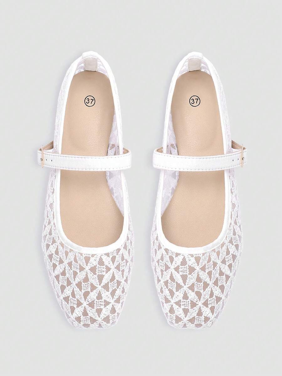 Giày bệt đế vuông thời trang ADAMUMU dành cho nữ, màu trắng, thoáng khí, dệt lưới rỗng, thoải mái, dự tiệc, công sở - trắng - Xem 1