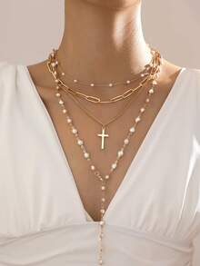 4 قطع طقم قلادة للنساء، قلادات أنيقة عصرية ذهبية اللون بتصميم Y والصليب، مناسبة للاستخدام اليومي والحفلات والمناسبات، هدية