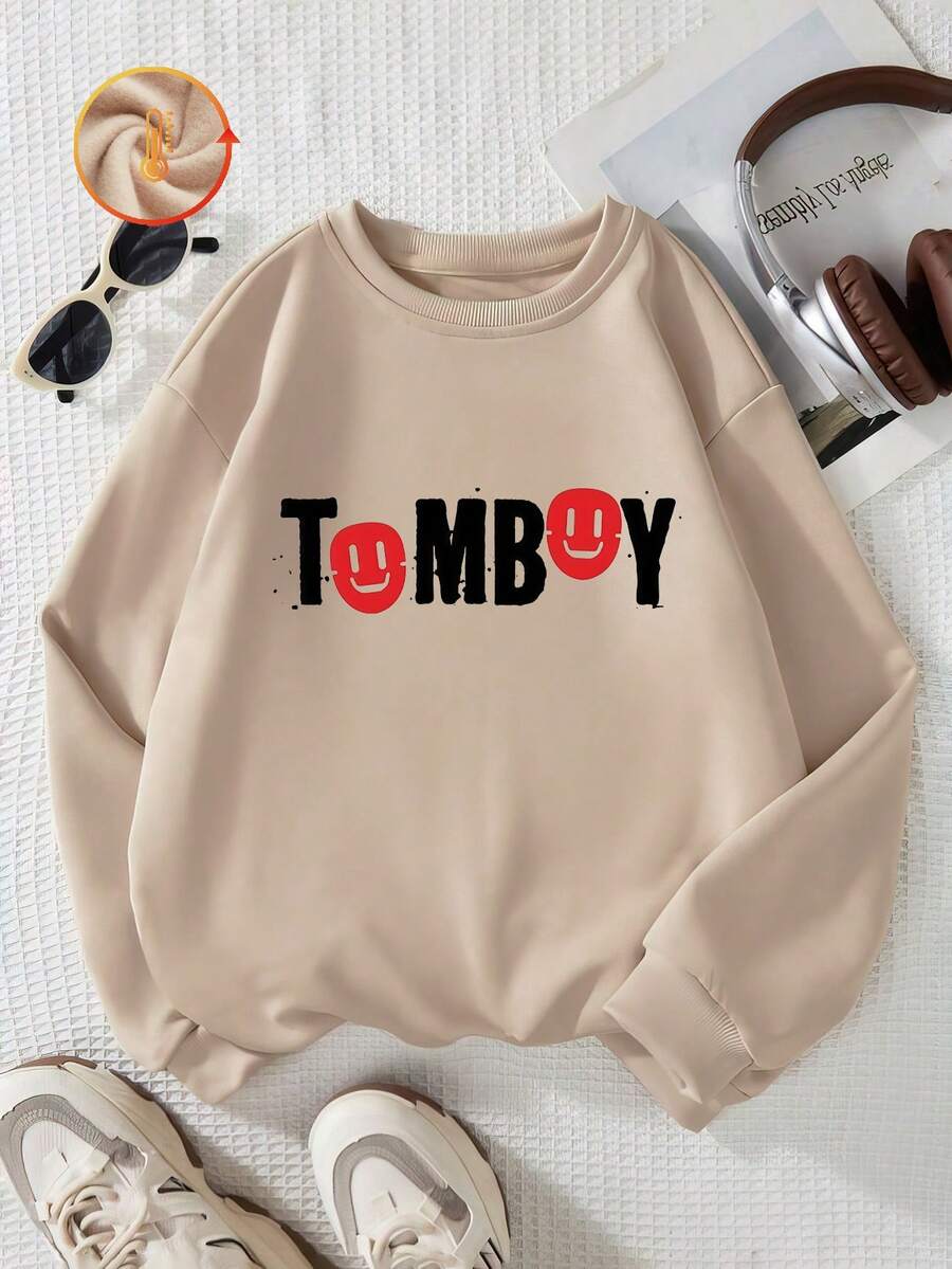 Art Prints Featuring South Korean Boy Bands And Girl Groups. Loose-Fitting Girls' Sweatshirt, Curve Casual Oversized Sweatshirt, Versatile For Fall/Winter, Thick Fabric, Warm Fleece Lining, Crew Neck, Loose-Fitting Casual Sweatshirt, Versatile Outerwear, Urban/Preppy Style, Long Sleeves, Suitable For Cold Weather, Cotton Blend, Fleece Lining, Comfortable, Long Sleeves, For Children. - 杏色 - 查看 1