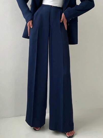 Pantalones de traje azules con cintura elástica y botones, adecuados para damas de oficina, estilo de negocios casual, elegante, apropiados para usar en el trabajo, salidas diarias, citas, Halloween, otoño