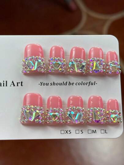 10片装高端甜美清爽风格美甲贴片，镶嵌高档水钻，闪耀夺目，手工法式美甲贴片，适合春季郊游、情侣约会、情人节及嘉年华活动。