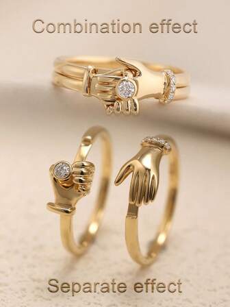  Set de 2 anillos de plata de ley 925 con diseño único de abrazo y apretón de manos, anillos minimalistas de forma de mano estilo gótico, adecuados para uso diario de mujeres, regalo para el Día de San Valentín, cumpleaños, aniversario