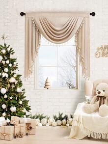 1件米色流苏窗帘，波西米亚风格仿亚麻材质短款帘幔，适用于客厅、卧室、厨房窗户和门装饰。 - 米色 - 查看 7