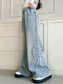 少女休闲水洗五角星刺绣牛仔裤，秋季款 - 藍色 - 查看 2