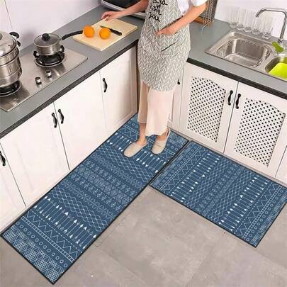 1件装 2026斋月新品，复古蓝色波斯风格厨房地垫套装，几何线条图案地毯，清新复古家居装饰厨房地垫，柔软舒适，易于清洁，适用于卧室、客厅、餐厅、厨房、浴室、玄关地毯。