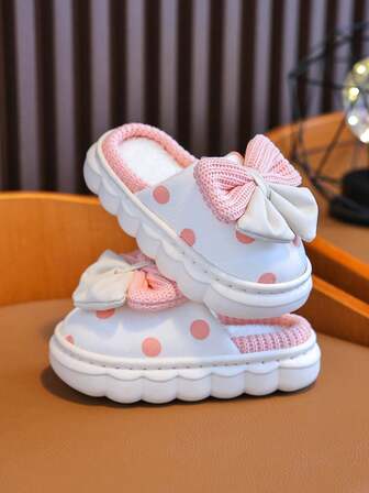 Girls' Warm Indoor Slippers With Bow Design, Non-Slip, Children's Fashionable Daily Slippers For Autumn/Winter