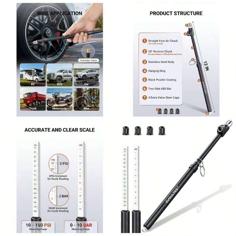 Heavy Duty Tire Pressure Gauge, Straight - On Dual Pressure Gauge Range 10 - 150 PSI, Gauge 4 Caps, Semi Truck Tire Gauge Truck, RV, Car - initial - View 1
